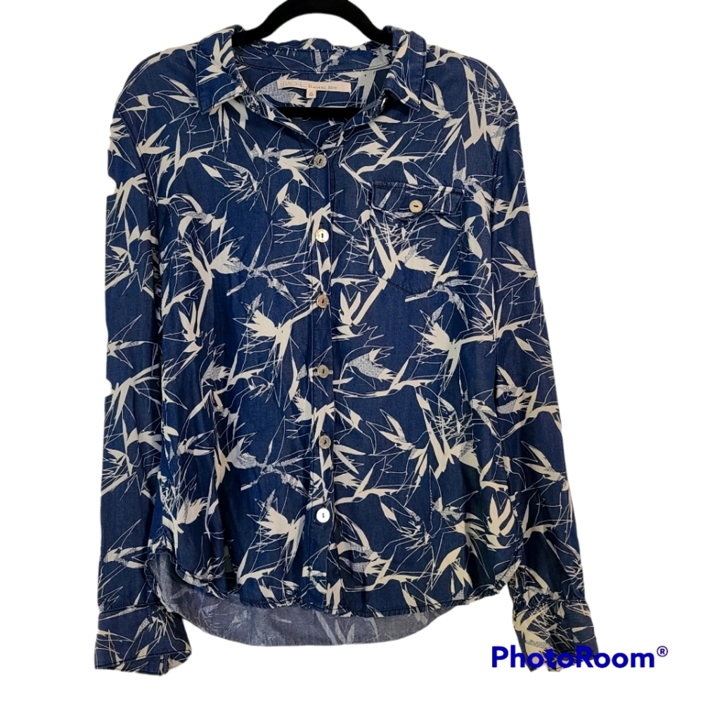Rachel Roy Blue & White Birds of Paradise Printed Button Front Shirt Size XL